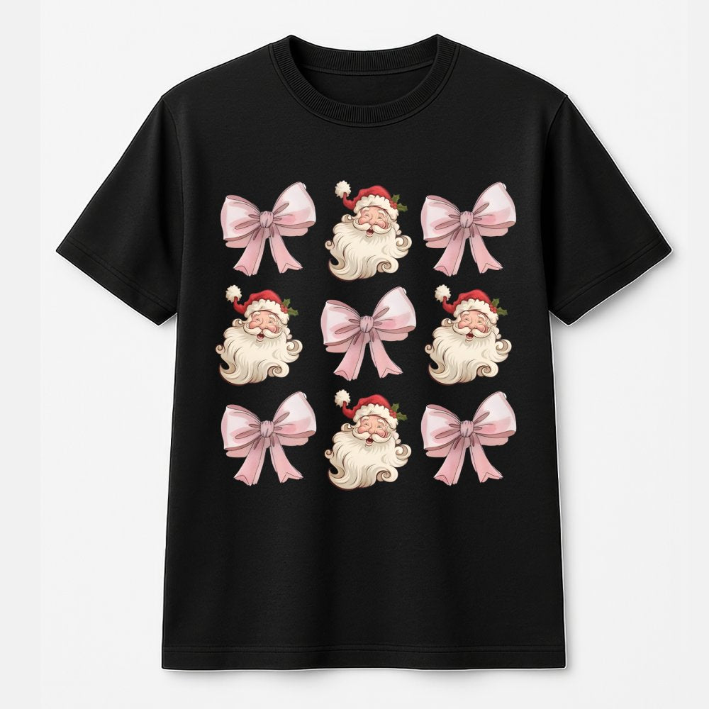 Retro Santa Claus Face Graphic Tee, Christmas Coquette Bow Santa T-Shirt, Pink Holiday Bow Aesthetic Shirt, Adorable Festive 