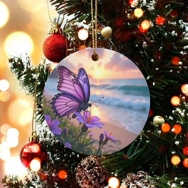 Sunset Beach Floral Tree Ornament, Purple Butterfly Ceramic Ornament, Nature Lover Christmas Ornament, Scenic Art Keepsake De