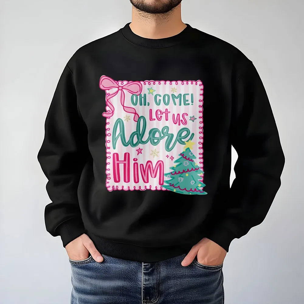 Pink Coquette Christmas Crewneck, Oh Come Let Us Adore Him Sweatshirt, Nativity Christian Holiday Sweater, Girly Xmas Bow Pul