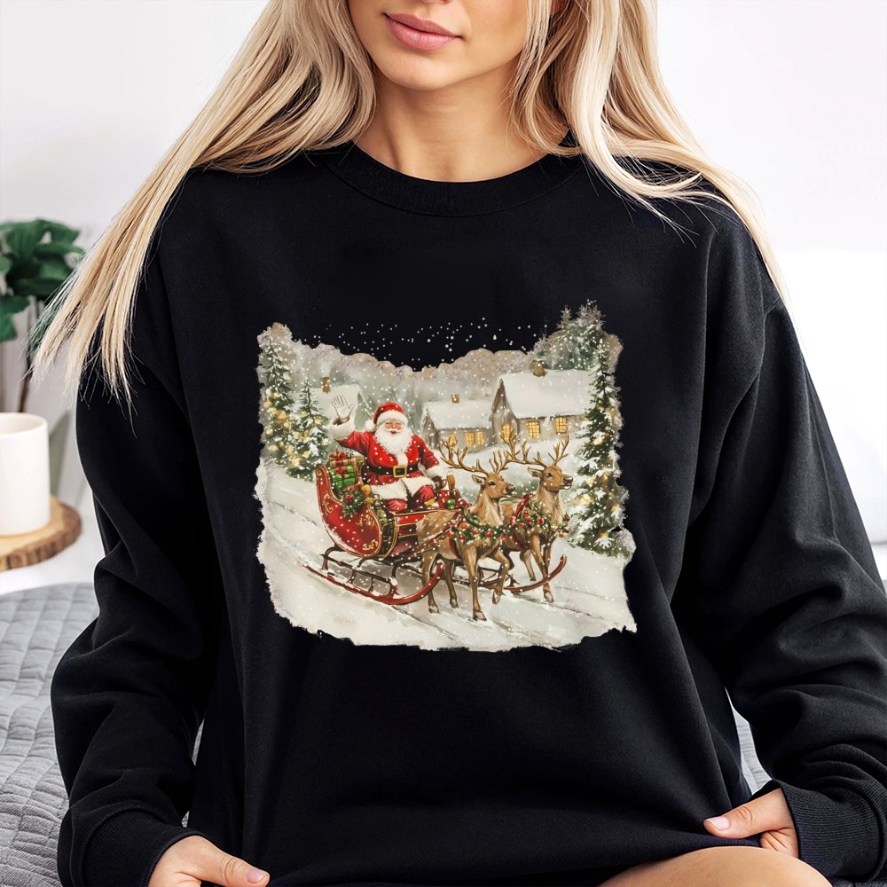Santa Claus Reindeer Sleigh Crewneck, Vintage Christmas Village Sweatshirt, Retro Winter Holiday Scene Pullover, Comfy Xmas T