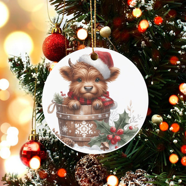 Baby Calf Santa Hat Ornament, Highland Cow Christmas Ornament, Rustic Farmhouse Cow Tree Ornament, Adorable Ceramic Cow Ornam