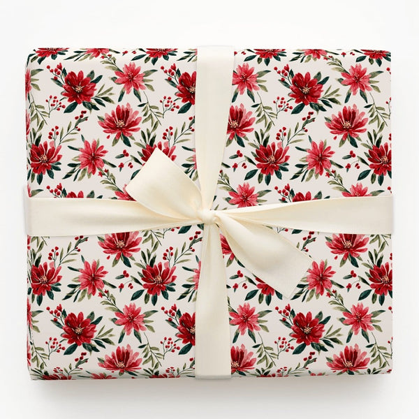 Winter Berry Holiday Gift Wrap, Watercolor Poinsettia Wrapping Paper, Floral Christmas Wrapping Paper, Botanical Holiday Gift