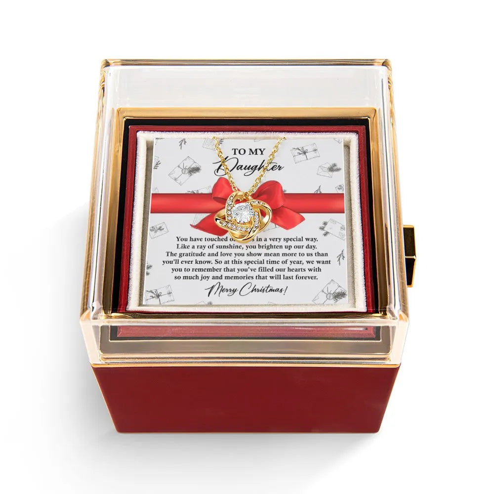 CZ Crystal Love Knot Pendant, To My Daughter Love Knot Necklace, Rotating Rose Box Necklace, White Gold Finish Christmas Pres