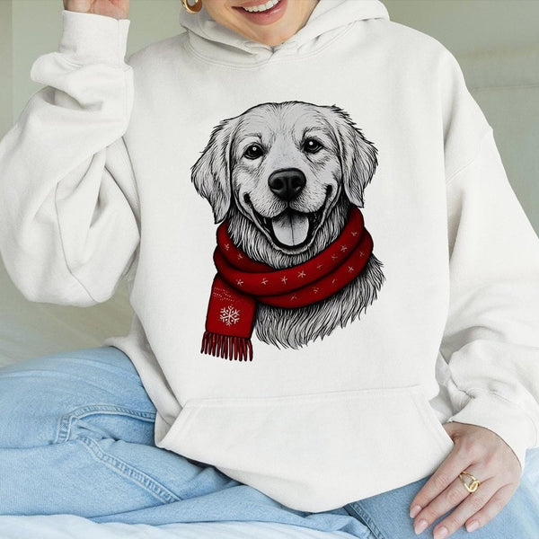 Adorable Dog Red Scarf Hoodie, Golden Retriever Christmas Hoodie, Festive Retriever Winter Hooded Sweatshirt, Pet Lover Holid