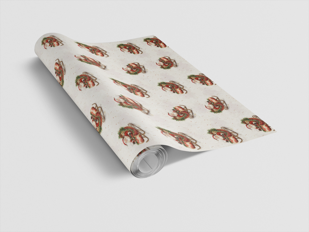 Christmas Sleigh Gift Wrap, Vintage Santa Wrapping Paper, Retro Holiday Present Paper, Traditional Xmas Gift Wrap Roll