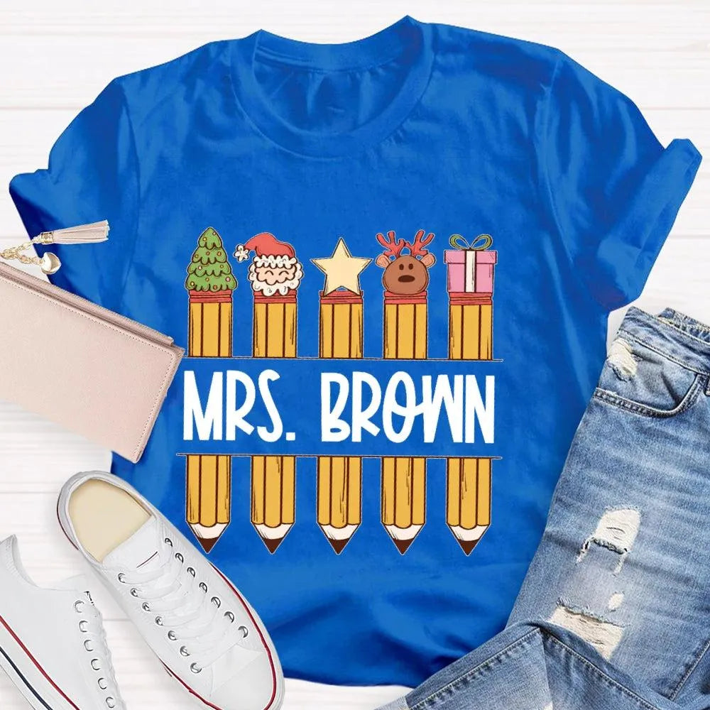 Custom Name Holiday Graphic Tee, Personalized Christmas Pencil Shirt, Adorable Teacher Christmas T-Shirt, Back to School Xmas