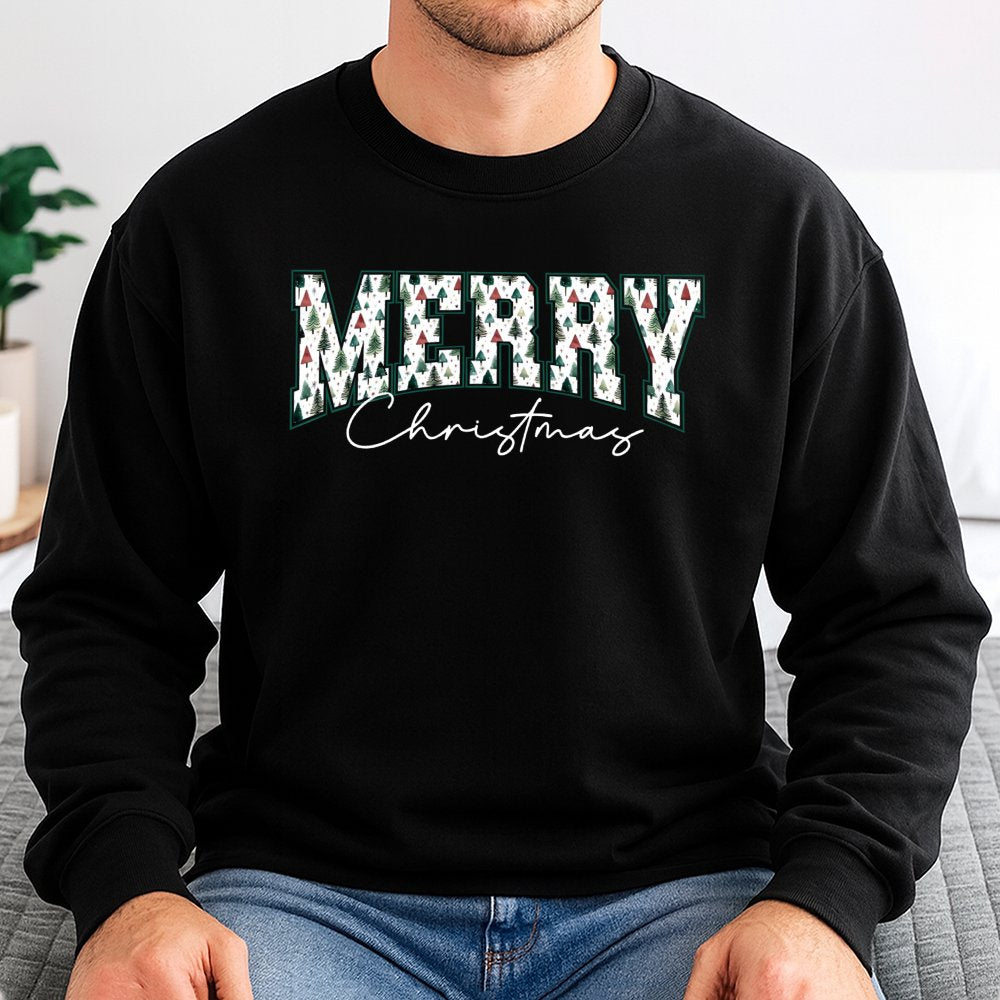Retro Tree Pattern Holiday Sweatshirt, Merry Christmas Sweatshirt, Vintage Xmas Tree Graphic Sweatshirt, Comfy Winter Holiday
