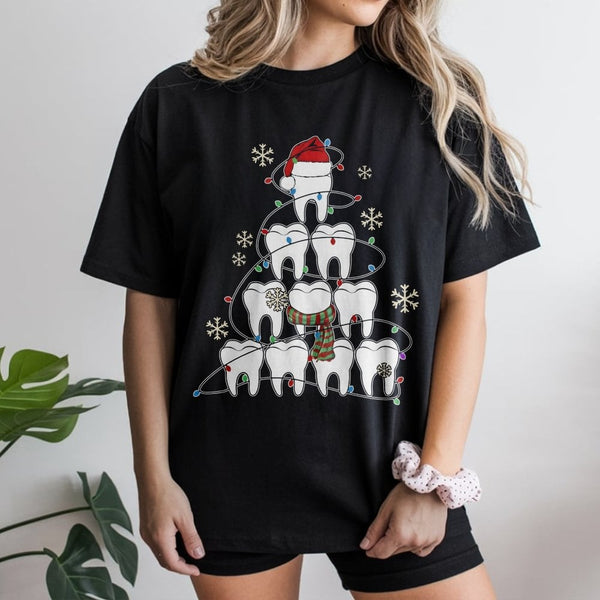 Tooth Santa Hat Holiday Shirt, Dentist Christmas T-Shirt, Dental Hygienist Graphic Tee, Humorous Dental Christmas T-Shirt, De