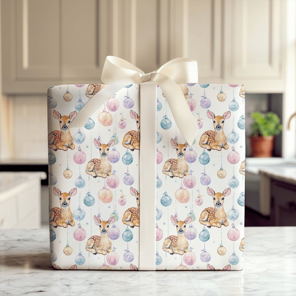 Baby Deer Christmas Gift Wrap, Watercolor Fawn Wrapping Paper, Pastel Baubles Holiday Present Paper, Whimsical Winter Wrap Ro