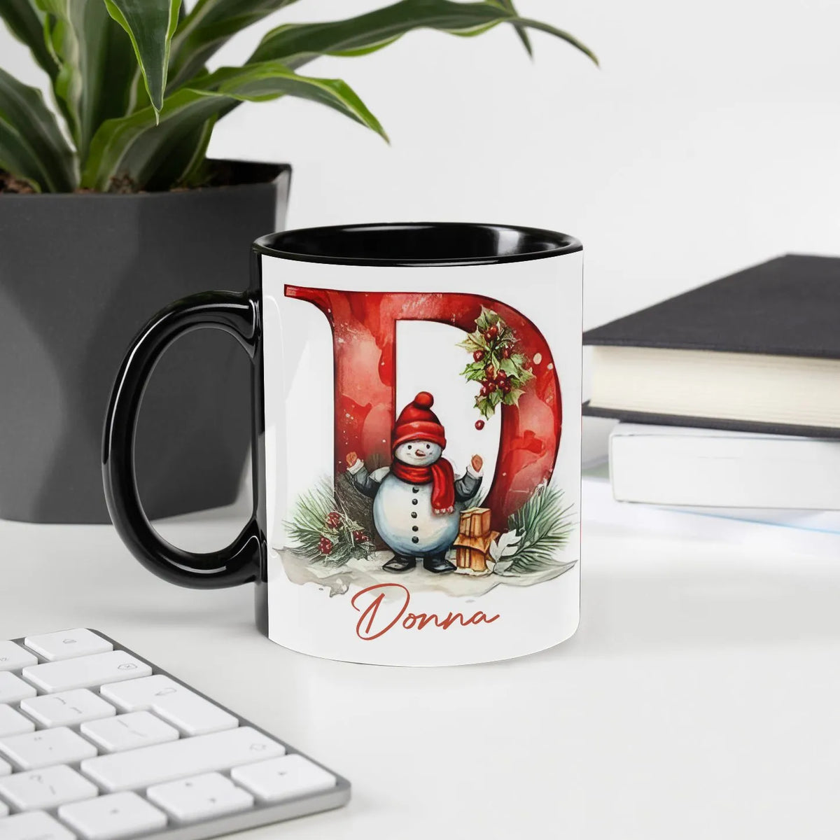 Personalized Initial D Winter Scene Coffee Cup, Christmas Snowman Monogram Mug, Festive Holiday Tea Mug, Ceramic Xmas Present