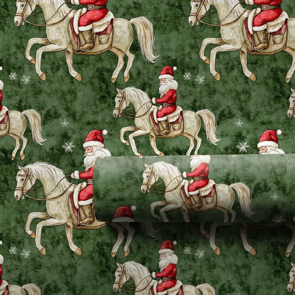 Equestrian Christmas Gift Wrap, Santa Riding White Horse Wrapping Paper, Green Holiday Wrapping Paper, Horse Lover Present Pa