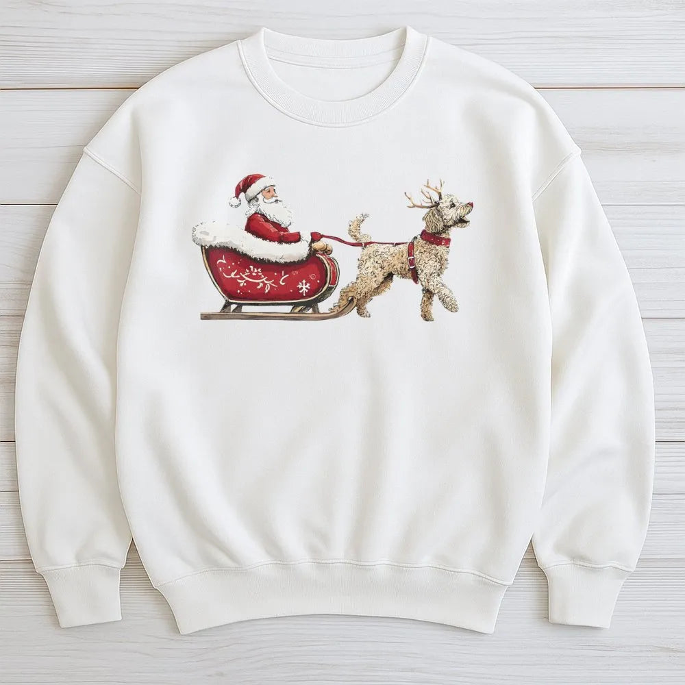 Santa Sleigh Dog Lover Sweatshirt, Goldendoodle Christmas Sweatshirt, Adorable Xmas Puppy Graphic Crewneck, Holiday Pet Owner