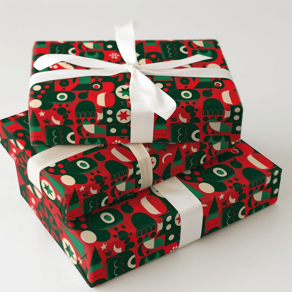 Modern Folk Art Gift Wrap, Geometric Christmas Wrapping Paper, Abstract Tree and Star Wrapping Paper, Red Scandinavian Xmas G