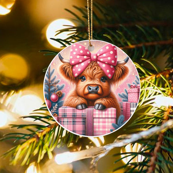 Adorable Baby Cow Pink Bow Ceramic Ornament, Highland Cow Christmas Ornament, Farmhouse Holiday Tree Decor, Rustic Xmas Keeps