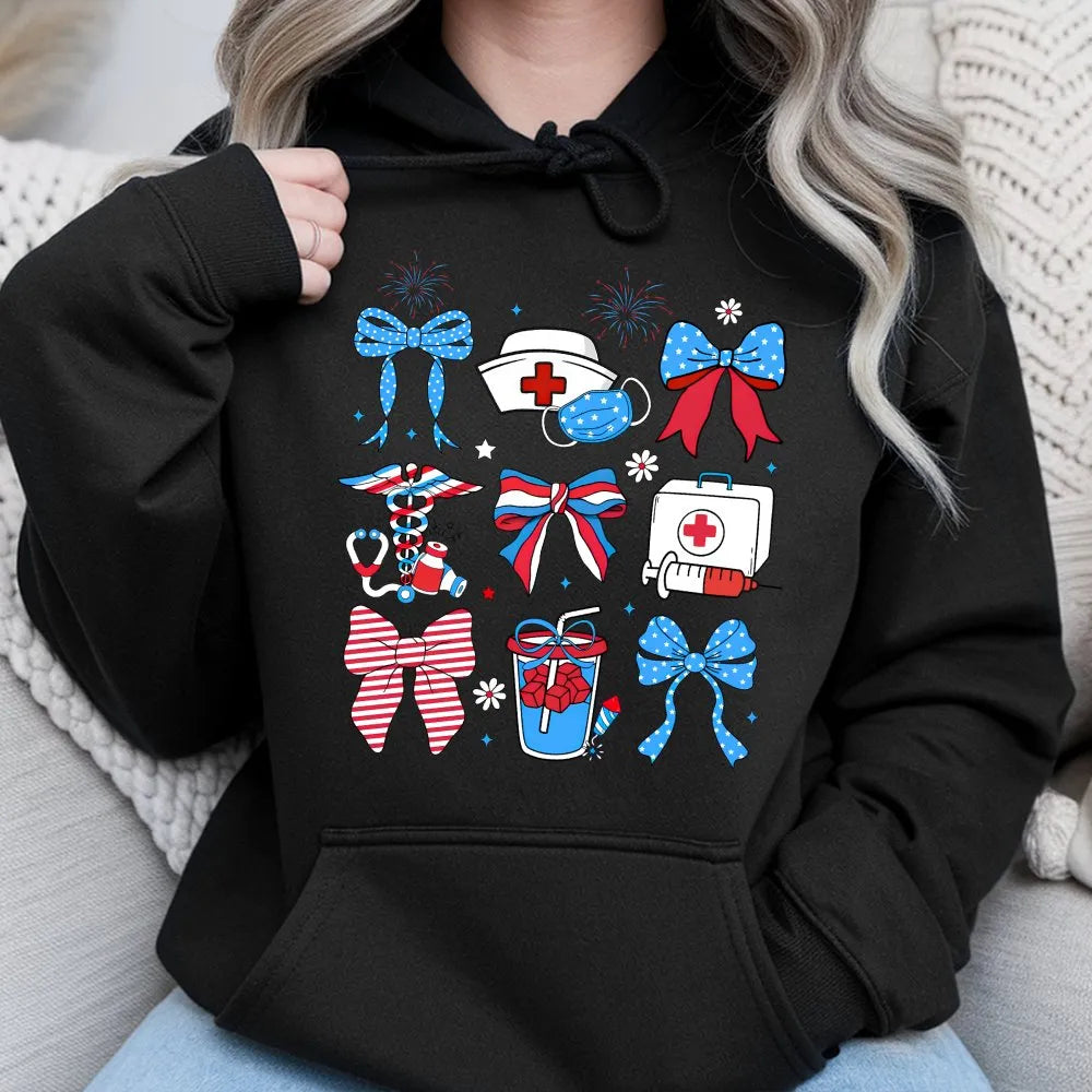 Holiday Bows Nurse Hooded Sweatshirt, Medical Nurse Christmas Hoodie, Festive Healthcare Pullover Hoodie, Xmas Nursing Studen