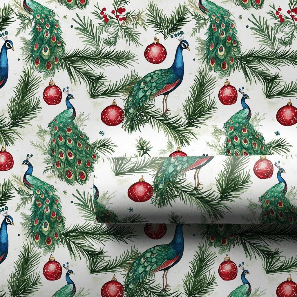 Pine Branch Bird Gift Wrap, Watercolor Peacock Christmas Wrapping Paper, Red Ornament Wrapping Paper, Elegant Winter Holiday 