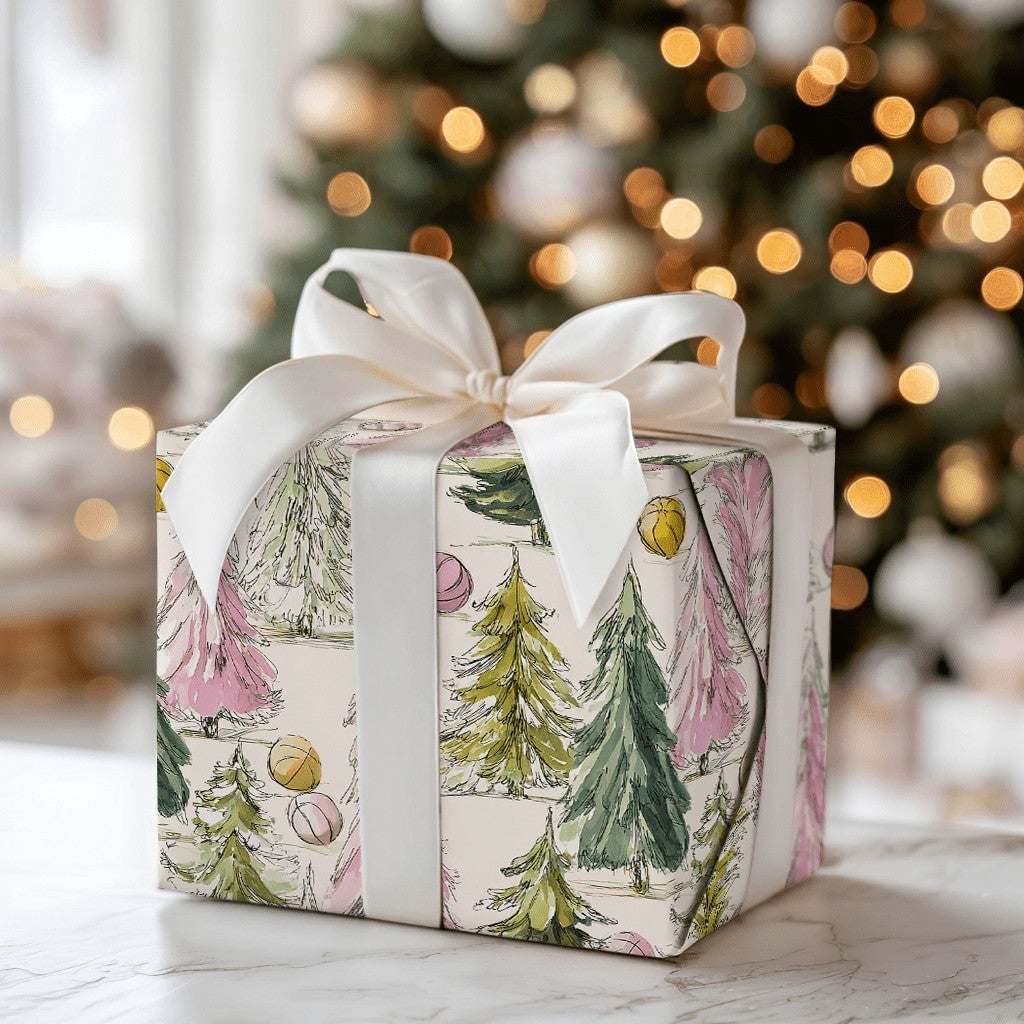 Watercolor Tree Gift Wrap, Pink and Green Christmas Trees Wrapping Paper, Whimsical Holiday Wrapping Paper, Pastel Christmas 