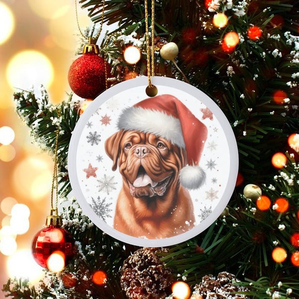 Santa Hat Dog Ceramic Ornament, Dogue de Bordeaux Christmas Ornament, Festive Puppy Holiday Ornament, French Mastiff Pet Love
