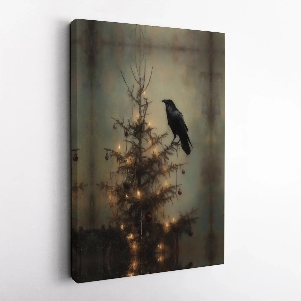 Dark Academia Holiday Canvas Decor, Gothic Raven Christmas Tree Canvas Art, Moody Winter Raven Canvas Print, Spooky Xmas Goth