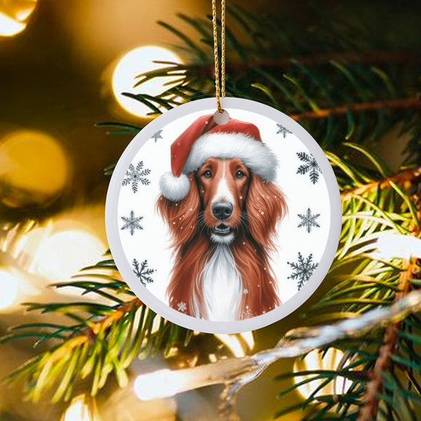 Red Setter Christmas Ornament, Irish Setter Santa Hat Ceramic Ornament, Adorable Dog Lover Holiday Ornament, Glossy Xmas Tree