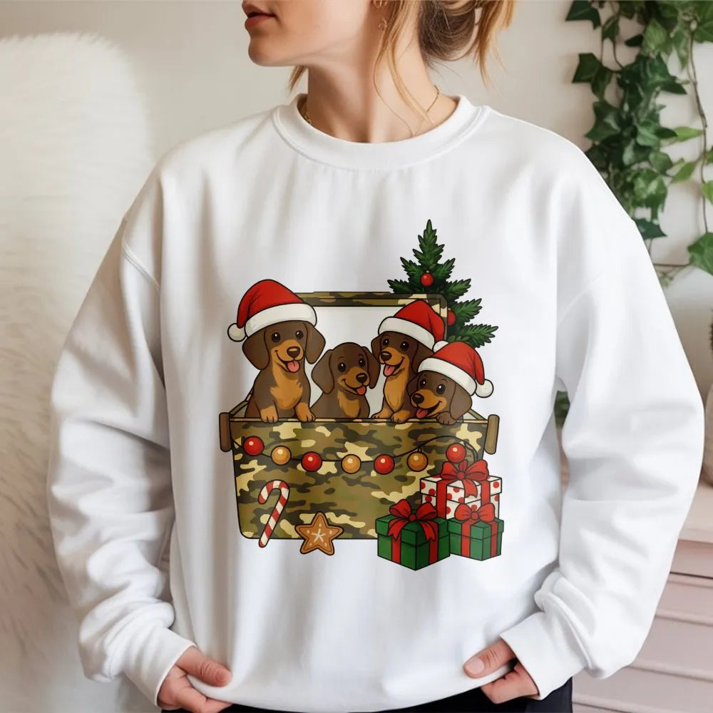 Wiener Dog Holiday Sweatshirt, Dachshund Christmas Sweatshirt, Doxie Puppy Xmas Crewneck, Adorable Dog Lover Sweater, Christm