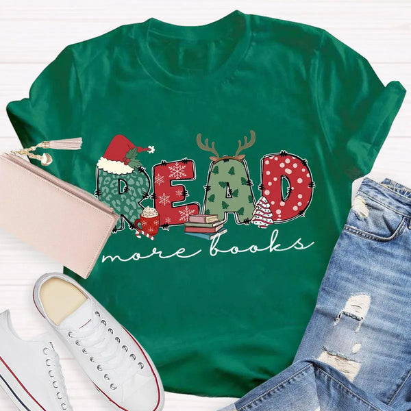 Bookish Holiday Shirt, Read More Books Christmas Teacher T-Shirt, Literary Book Lover Christmas Graphic Tee, Reader Teacher P