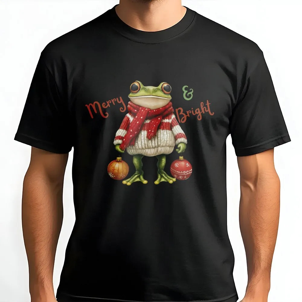 Festive Toad Graphic Tee, Merry and Bright Christmas Frog Shirt, Retro Christmas Frog T-Shirt, Adorable Animal Xmas Tee, Holi