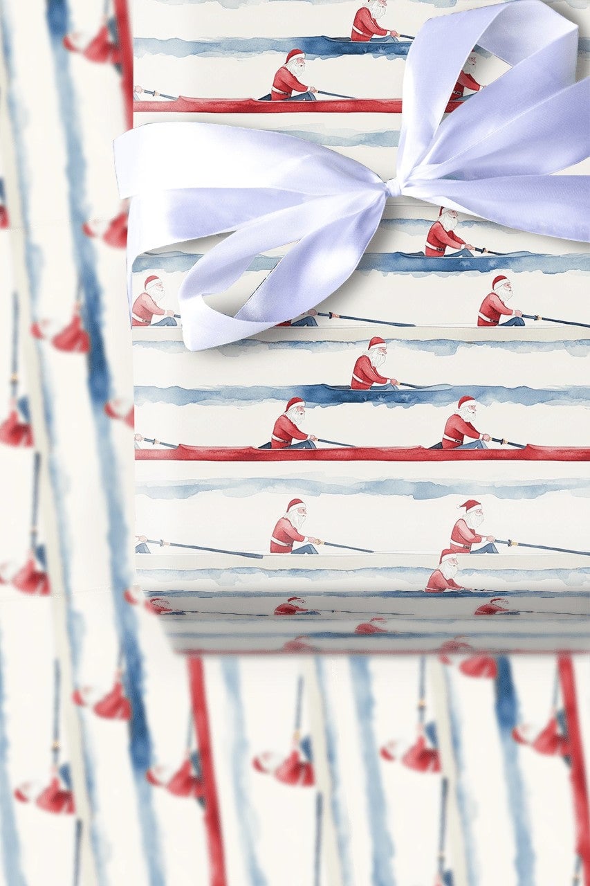 Crew Rower Scull Holiday Gift Wrap, Rowing Santa Wrapping Paper, Watercolor Sports Santa Paper, Christmas Regatta Wrapping Pa