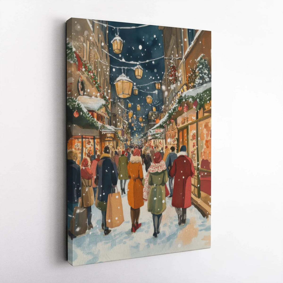 Winter Cityscape Watercolor Canvas Wall Art, Snowy Christmas Street Canvas Print, Holiday Town Painting Canvas, Festive Wall 
