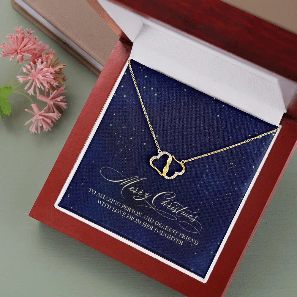 10K Solid Gold Diamond Double Heart Pendant Necklace, Interlocking Heart Necklace, LED Box, Christmas Jewelry Present for Fri