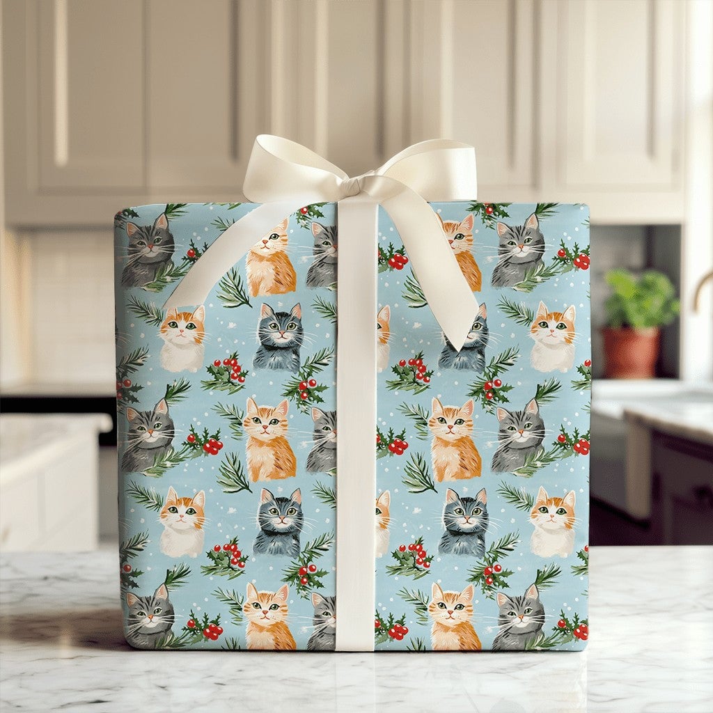 Adorable Kitten Holiday Gift Wrap, Christmas Cat Wrapping Paper, Festive Winter Cat Lover Wrapping Paper, Holly Pine Pet Love