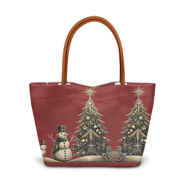 Snowman and Holiday Tree Shoulder Bag, Vintage Christmas Tote Bag, Festive Winter Handbag, Large Commuter Tote Bag, Present f
