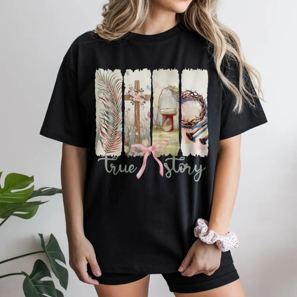 Christian Easter T-Shirt | He Is Risen Coquette Bow Graphic | Soft Cotton Tee | Faith Based Gift for Women