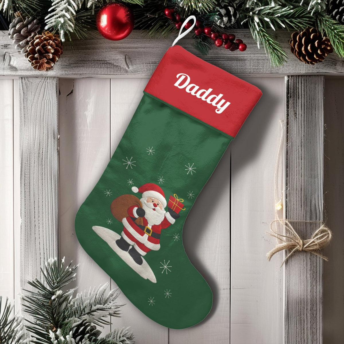 Custom Name Surf Holiday Stocking, Personalized Surfing Santa Christmas Stocking, Tropical Coastal Xmas Stocking, Beach Decor