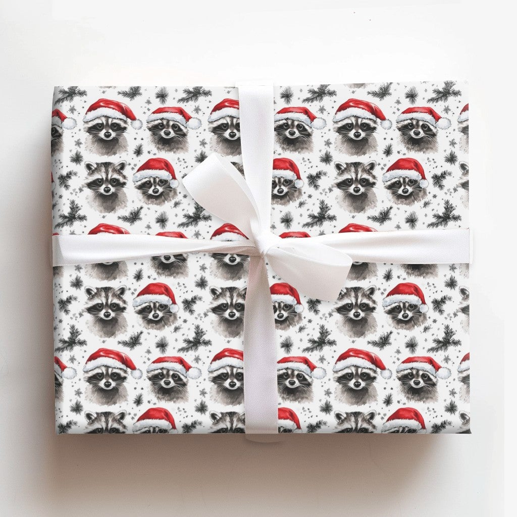 Santa Hat Raccoon Gift Wrap, Christmas Raccoon Wrapping Paper, Woodland Animal Holiday Wrapping Paper, Adorable Watercolor Xm