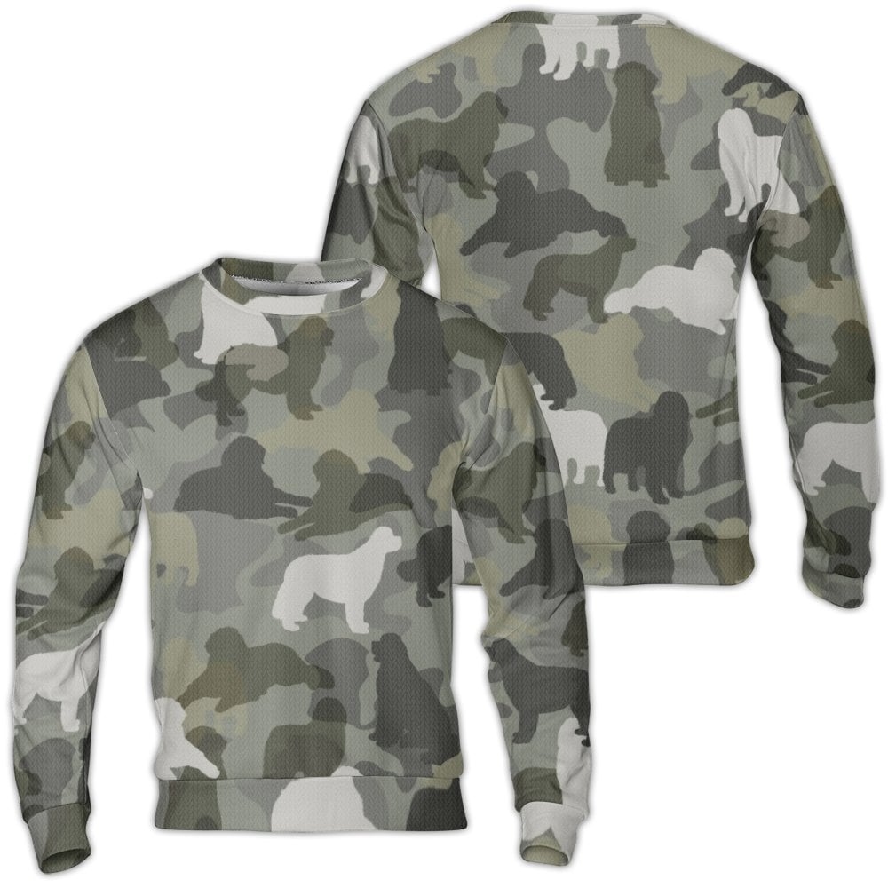 Newfie Breed Fleece Pullover, Newfoundland Dog Camo Ugly Christmas Sweater, Camouflage Hunting Holiday Crewneck Dog Lover Pre