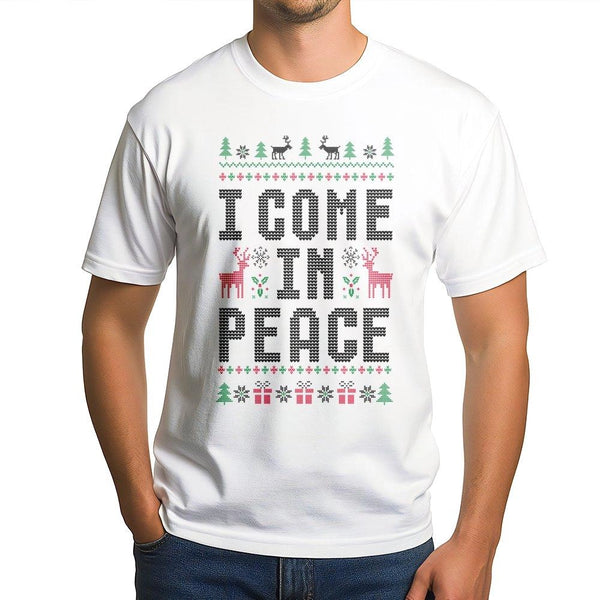Humorous Ugly Sweater Graphic Tee, I Come in Peace Christmas T-Shirt, Quirky Xmas Holiday Shirt, Humorous Alien Christmas T-S