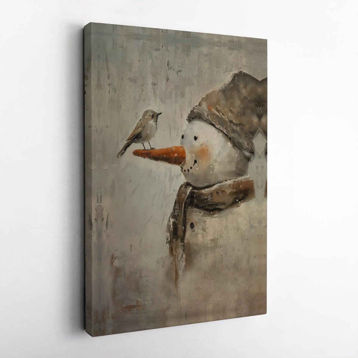 Painterly Winter Bird Carrot Nose Canvas Print, Snowman with Bird Canvas Wall Art, Christmas Holiday Decor, Festive Home Wall