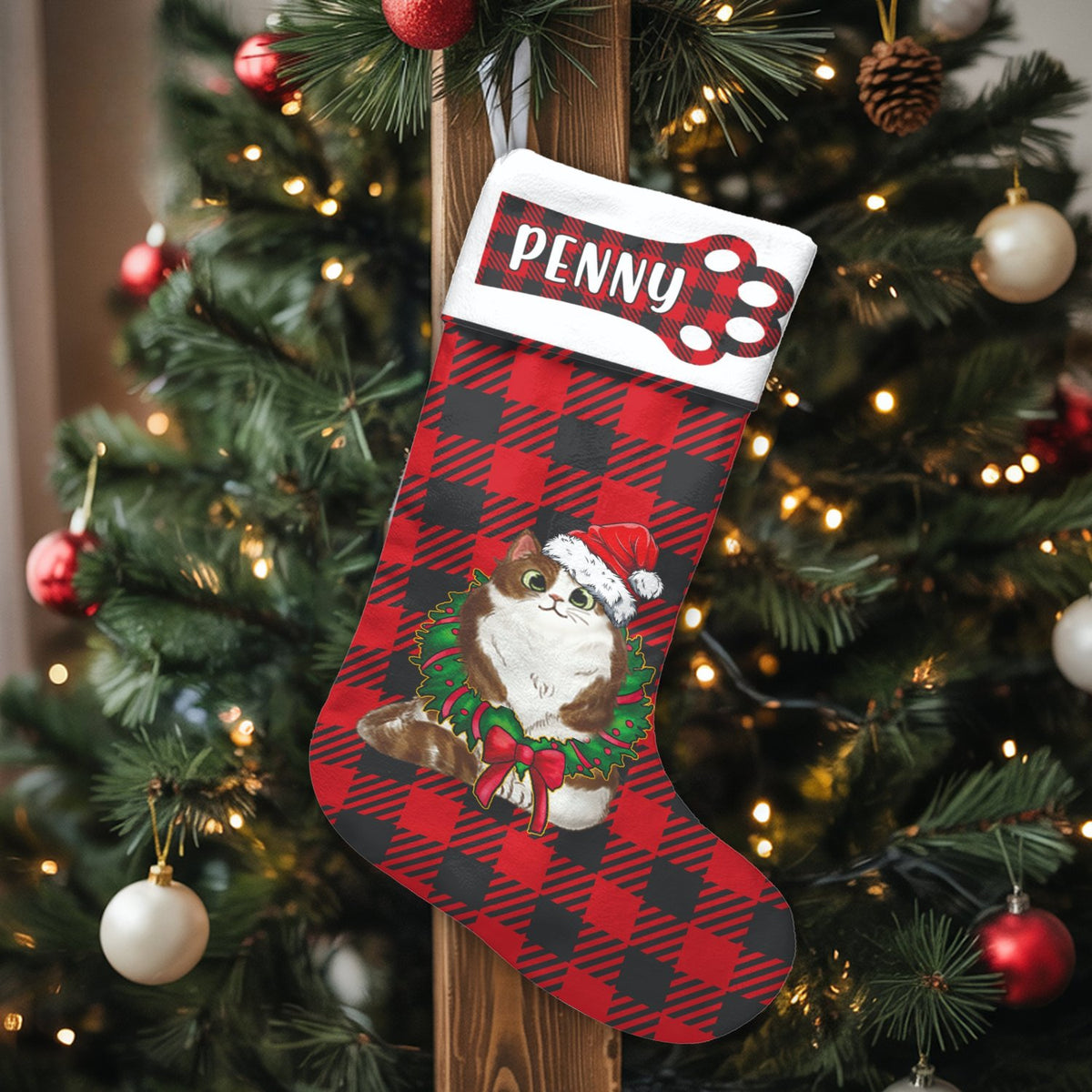 Custom Pet Holiday Stocking, Personalized Red Plaid Cat Christmas Stocking, Buffalo Check Christmas Stocking, Velboa Cat Xmas
