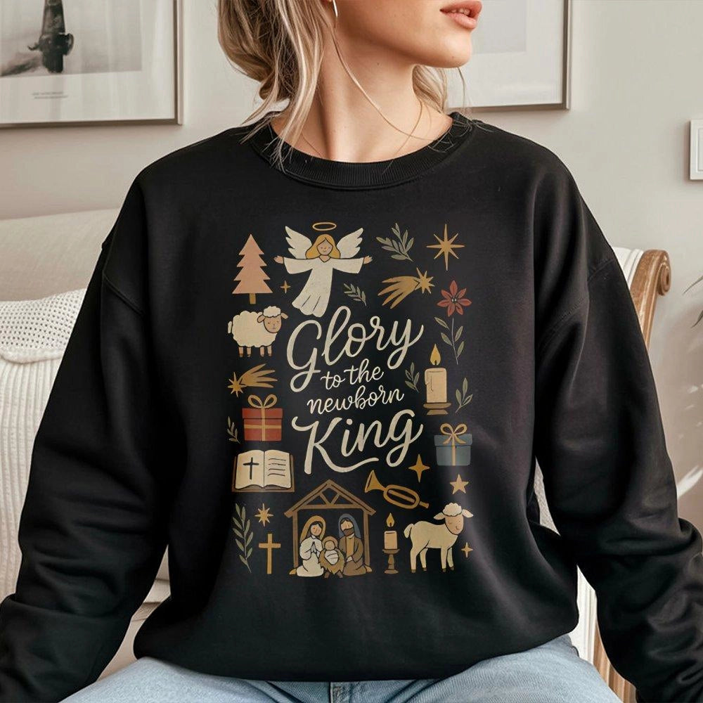 Nativity Scene Doodle Crewneck, Glory to the Newborn King Sweatshirt, Religious Christmas Faith Sweater, Christian Holiday Pu