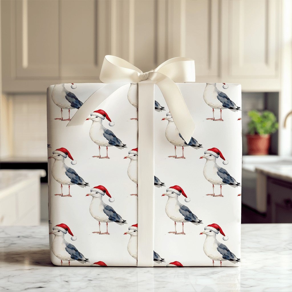 Coastal Christmas Gift Wrap, Santa Hat Seagull Wrapping Paper, Watercolor Beach Bird Present Paper, Nautical Holiday Gift Wra