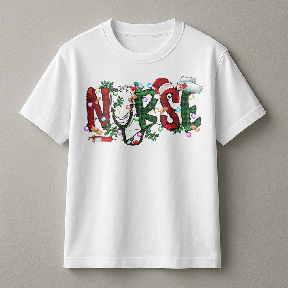 Holiday Medical Graphic Tee, Buffalo Plaid Christmas Nurse T-Shirt, Humorous RN Christmas Shirt, Nursing Student Tee, Healthc