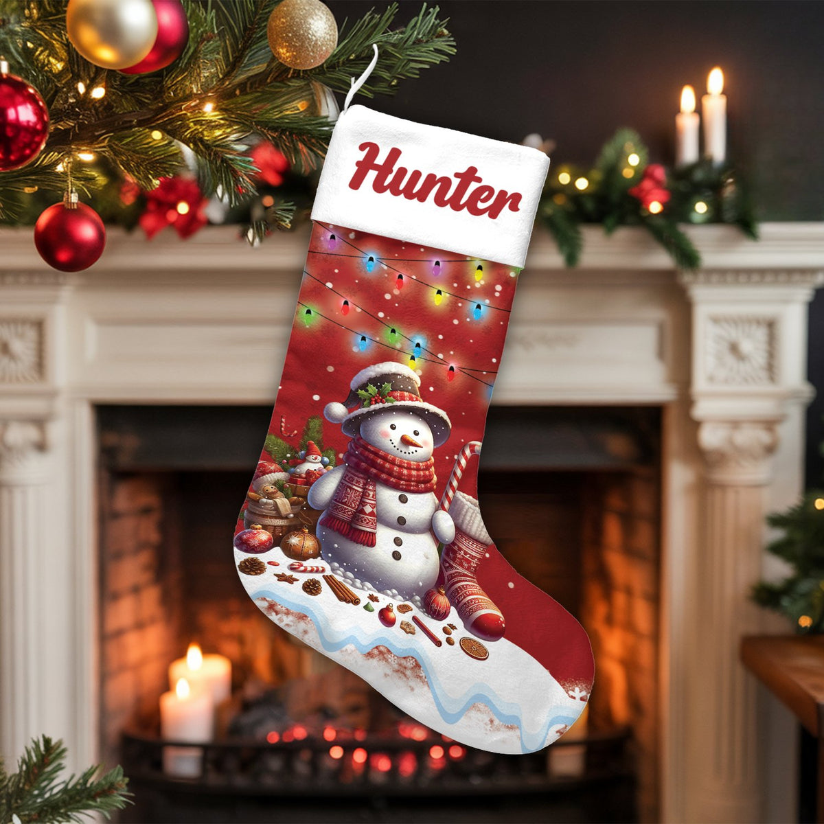 Custom Name Xmas Stocking, Personalized Snowman Christmas Stocking, Festive Holiday Lights Stocking, Winter Fireplace Decor, 