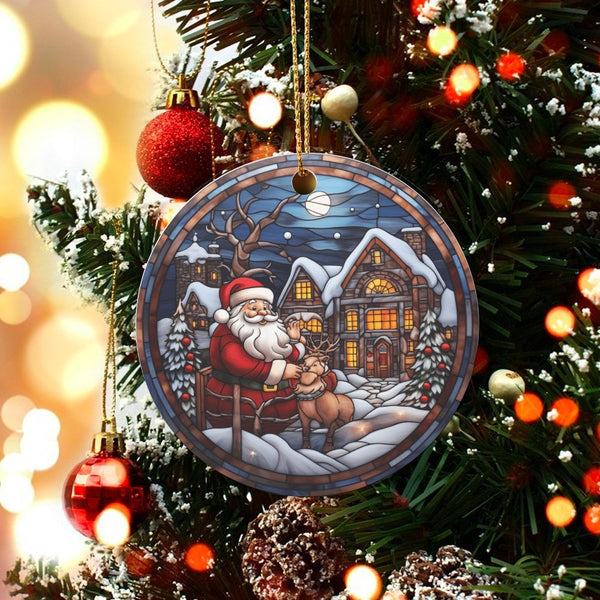 Snowy Village Christmas Ornament, Stained Glass Santa Claus Ornament, Ceramic Winter Holiday Tree Decor, Traditional Santa Ke