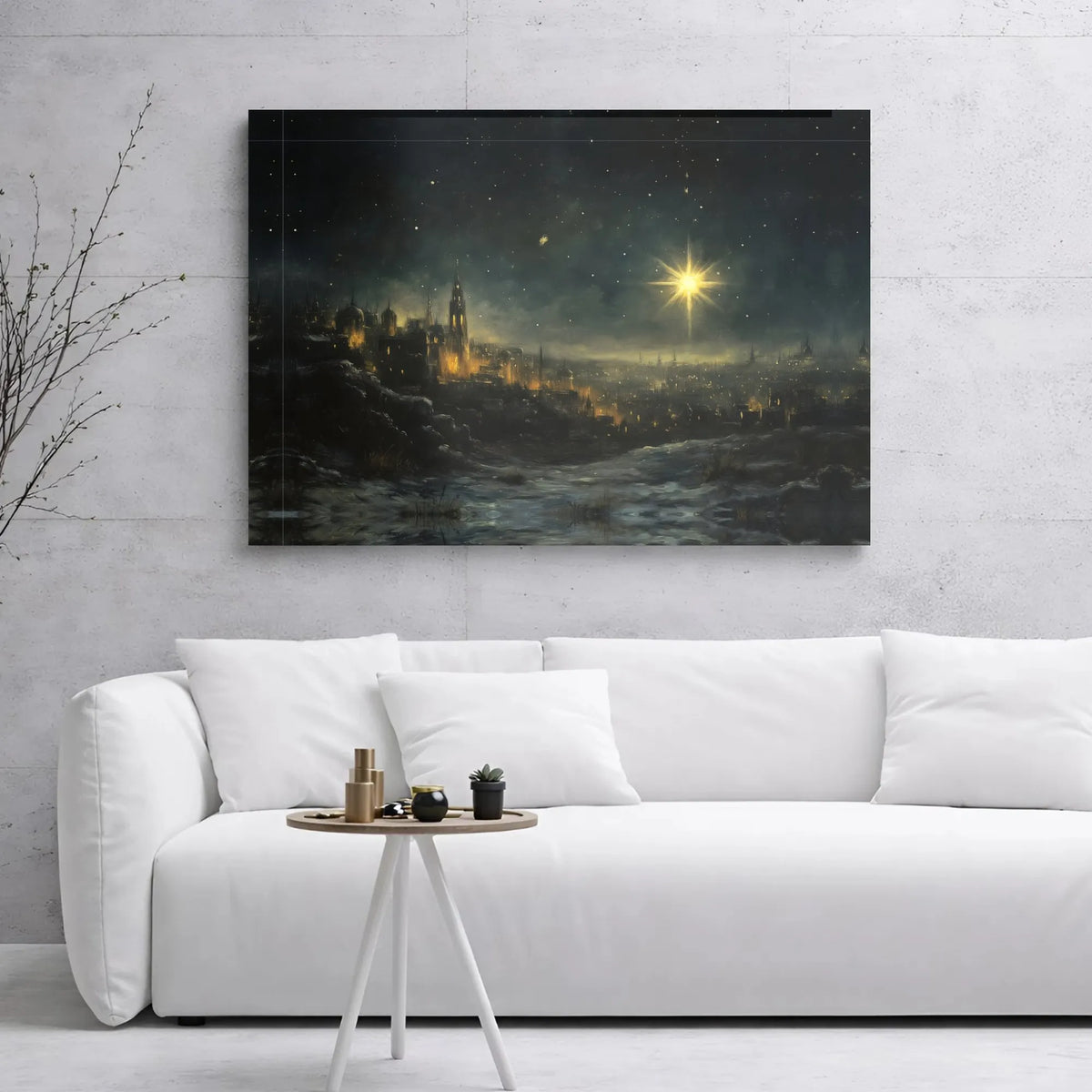 Nativity Night Landscape Poster, Star of Bethlehem Canvas Wall Art, Holy City Christian Canvas Print, Religious Christmas Dig