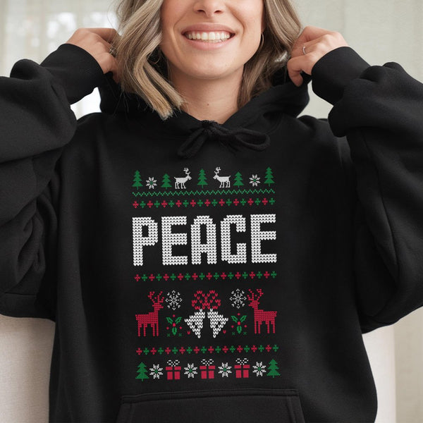 Festive Reindeer Snowflake Hooded Sweatshirt, Peace Ugly Christmas Hoodie, Retro Holiday Pattern Pullover, Matching Couple Xm