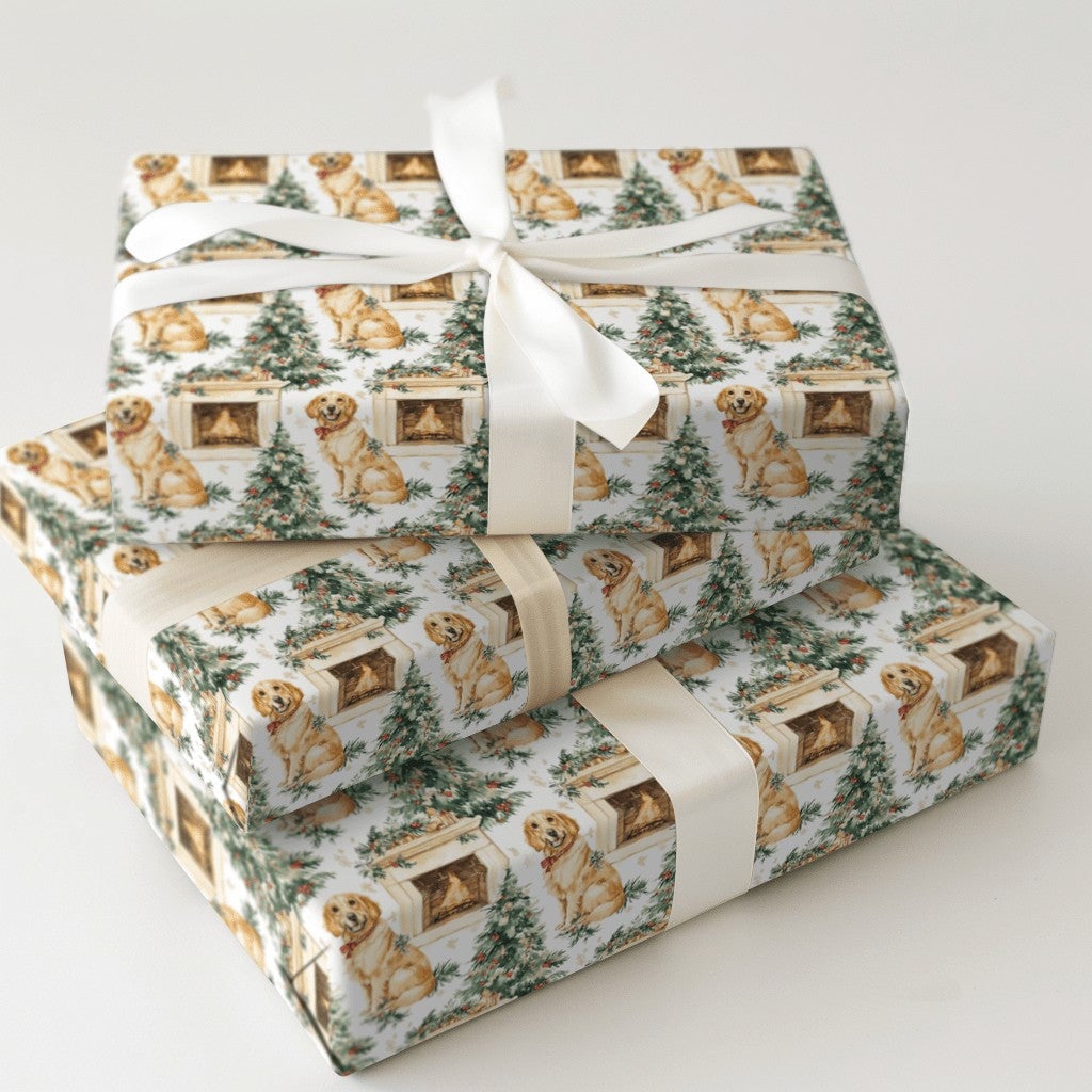 Dog Holiday Gift Wrap, Golden Retriever Christmas Wrapping Paper, Fireplace Dog Wrapping Paper, Adorable Puppy Gift Wrap, Pet
