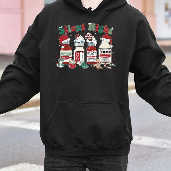 Humorous Nursing Holiday Graphic Hoodie, Silent Night Medical Nurse Hoodie, Christmas Healthcare Hooded Pullover, Nurse Life 