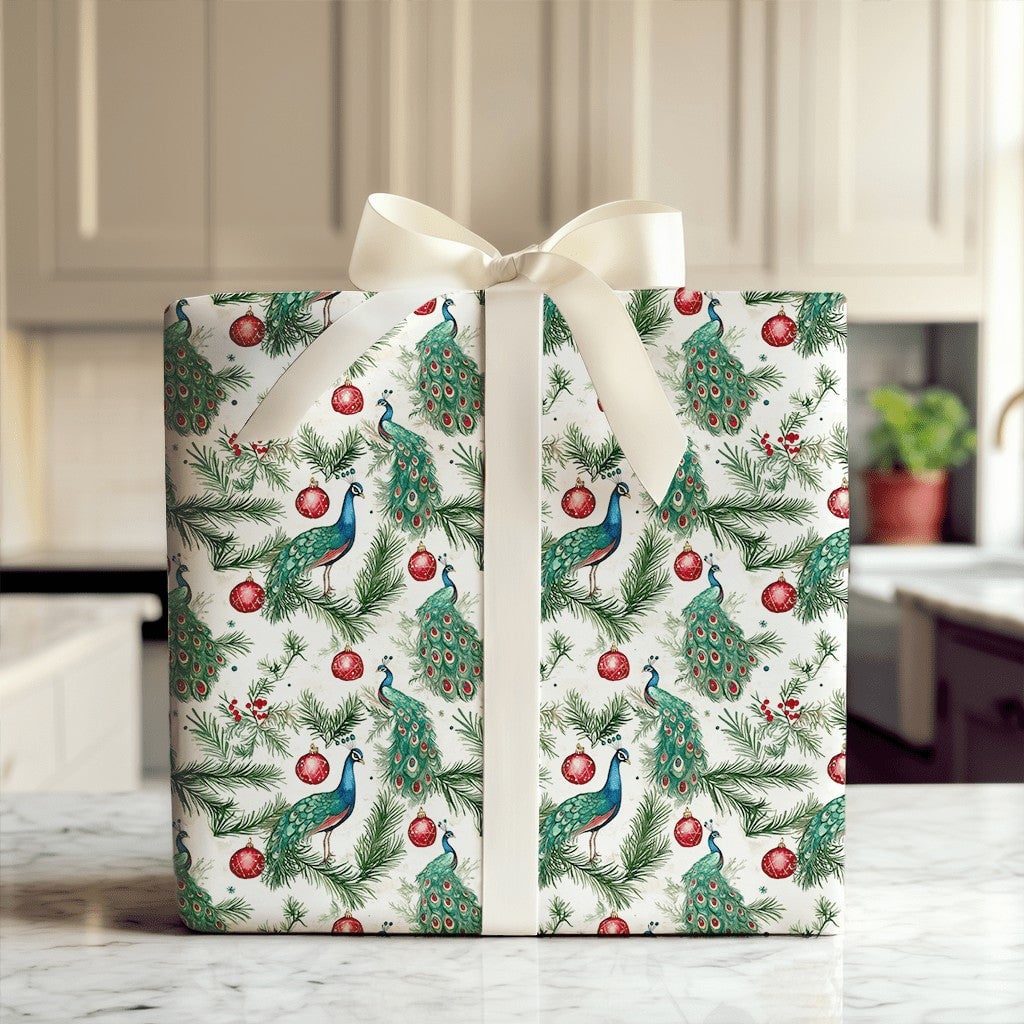 Pine Branch Bird Gift Wrap, Watercolor Peacock Christmas Wrapping Paper, Red Ornament Wrapping Paper, Elegant Winter Holiday 