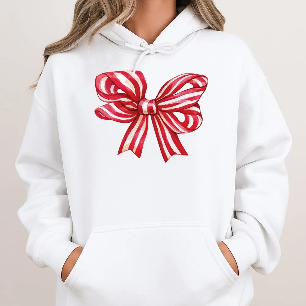 Red Striped Ribbon Sweatshirt, Christmas Bow Hoodie, Adorable Holiday Bow Hooded Pullover, Festive Christmas Graphic Hoodie, 